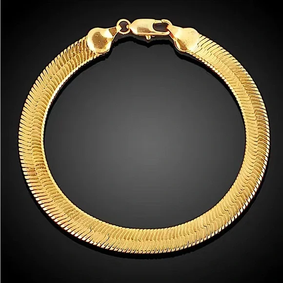 Gold Herringbone Flat Necklace Bracelet Set, Unisex, Two Piece 4mm - Picture 6 of 9